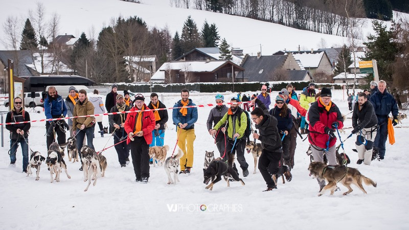 Groupe de personnes en séjour ski avec des chiens devant le gîte