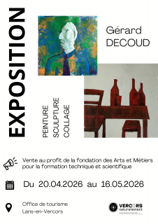 Affiche de l'exposition de Gérard Decoud - Peinture, sculpture, collage_Lans-en-Vercors - © OTI Vercors Affiche de l'exposition de Gérard Decoud - Peinture, sculpture, collage_Lans-en-Vercors