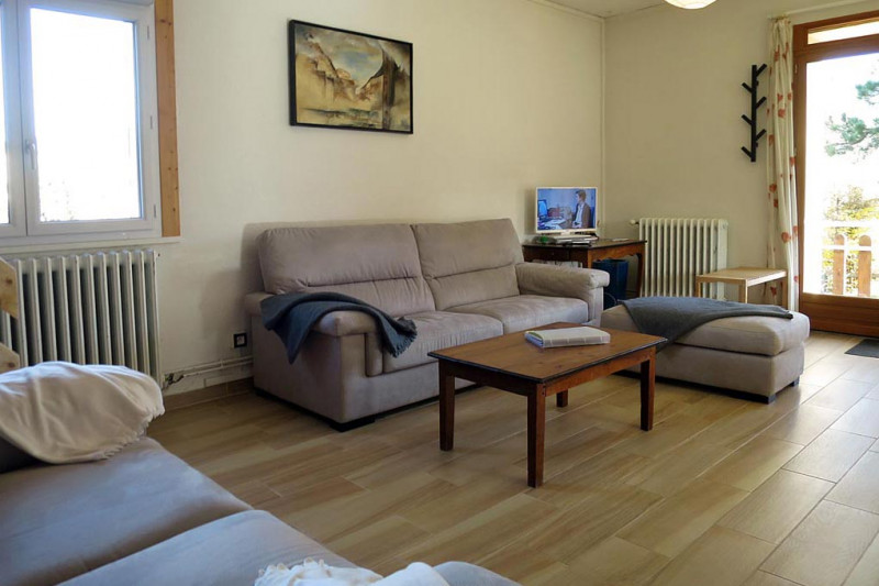 Coin salon tv, accès au jardin depuis porte-fenêtre