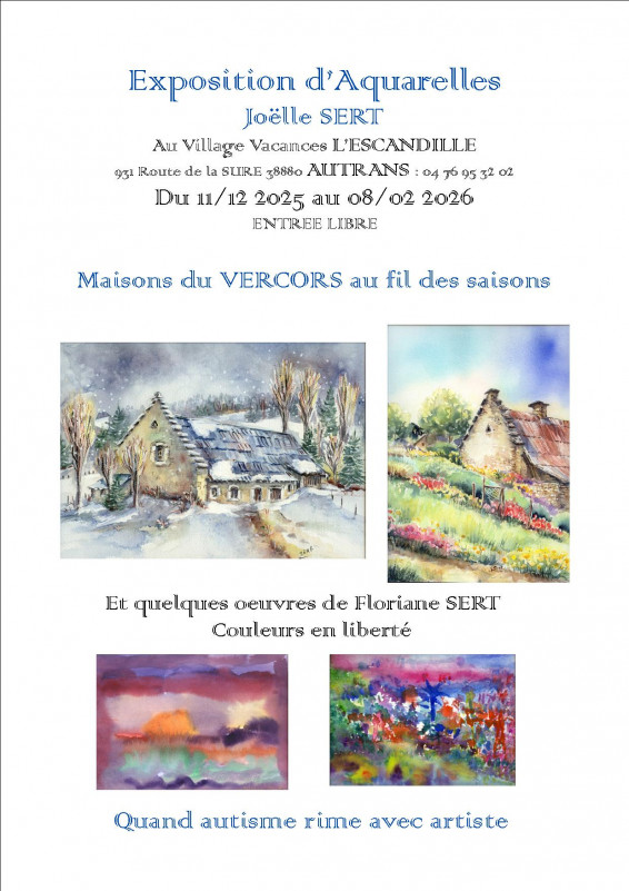 Affiche de l'exposition d'aquarelle de Joëlle SERT_Autrans-Méaudre en Vercors