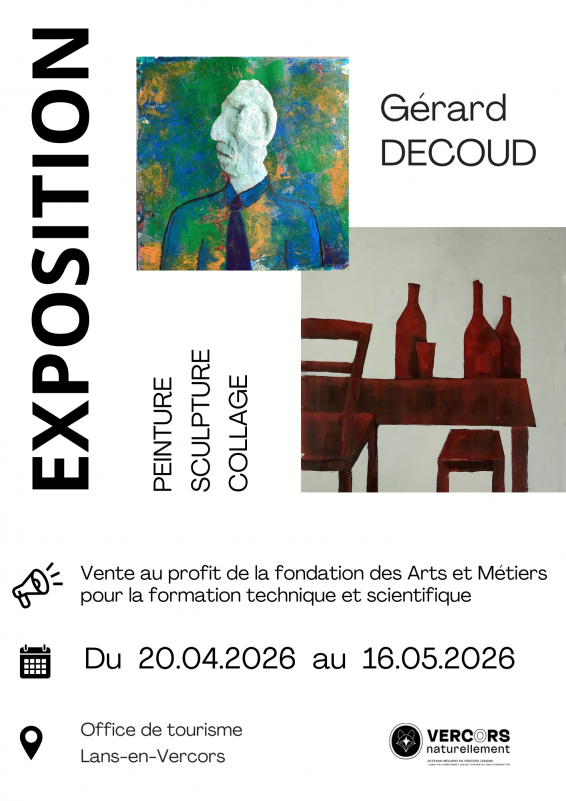 Affiche de l'exposition de Gérard Decoud - Peinture, sculpture, collage_Lans-en-Vercors - © OTI Vercors Affiche de l'exposition de Gérard Decoud - Peinture, sculpture, collage_Lans-en-Vercors