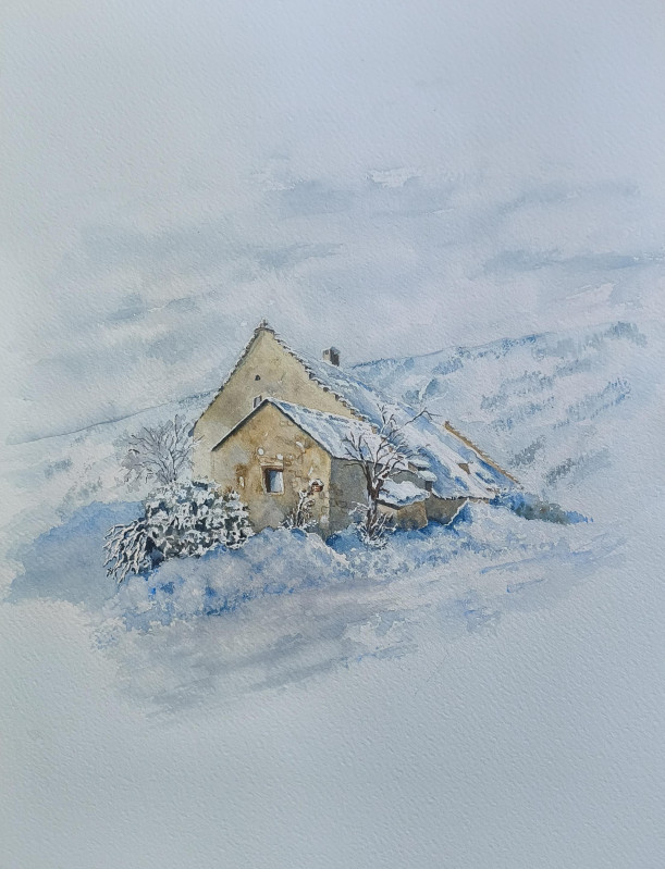 Aquarelle d'un corps de ferme du hameau des Vernes  -Exposition de Nicole Jallifier-Verne Nicole - L'âme du Vercors au pinceau_Lans-en-Vercors